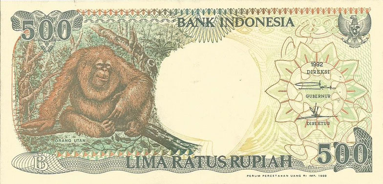 500 Rupiah Schein mit Orang Utan (Serie 3 / 1992 - 2000 im Umlauf) im Privatbesitz