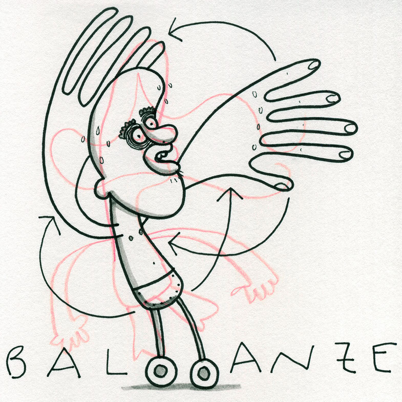 Illustration Ballance, Zeichnung mit Tusche auf Papier und digitaler Farbe von Frank Schulz Art, zeigt einen Mann auf Rädern