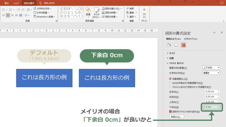 パワーポイントでメイリオは、テキストボックスの中で少し上に配置されますが、「上余白」「下余白」を修正して中央にすることができます。