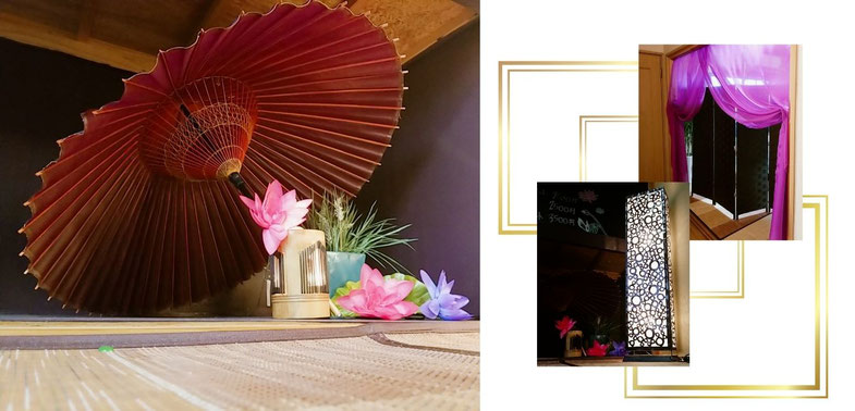 Barberはなちゃんには蓮の花と和傘を置き和のテイストの店内となっております