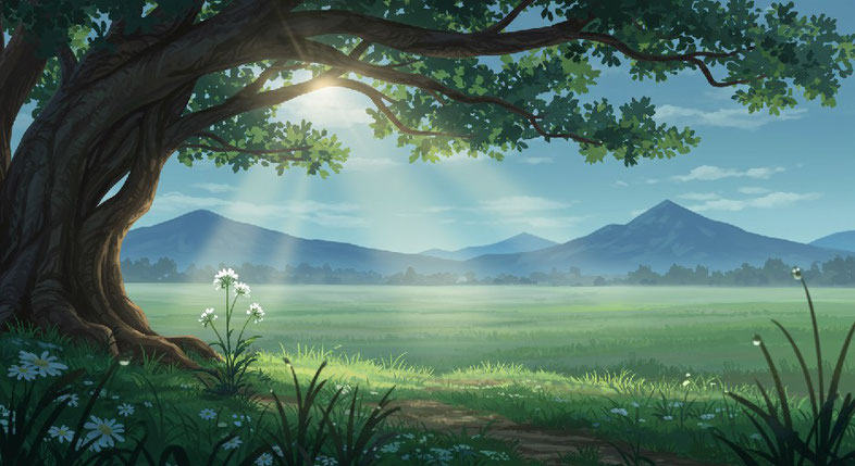 Eine idyllische Landschaft mit weitem Horizont und fernen Bergen. Im Vordergrund fällt ein einzelner Sonnenstrahl durch die Äste eines Baumes und beleuchtet ein kleines Detail – eine zarte Blume mit Tautropfen am Wegesrand. Erstellt mit Craiyon.