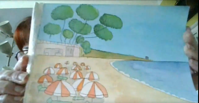 Illustration aquarelle éléve débutante chez paper Break: plage avec pins à l'aquarelle