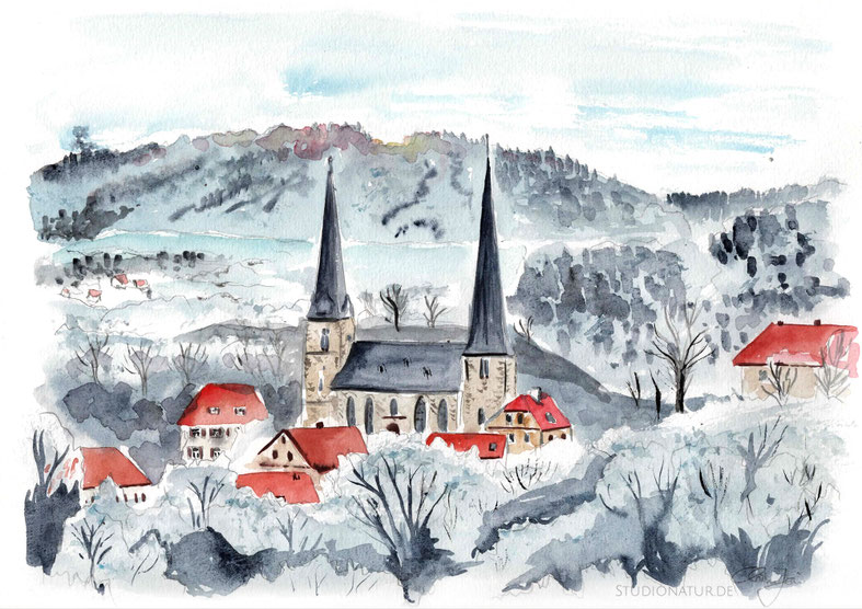 Dorf, Nemmersdorf, Fichtelgebirge, Kirche, church, Aquarell, watercolour, watercolor, painting, art, landscape art, Landschaftsmalerei, Original, Kunst, Bild, Malerei, village, illustration, Spende