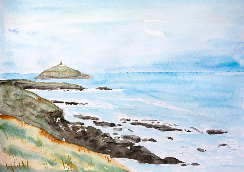 Irland, Ireland, grüne Insel, Aquarell, watercolour, watercolor, painting, art, landscape art, Landschaftsmalerei, Original, Kunst, Bild, Malerei, Küste, Leuchtturm, lighthouse