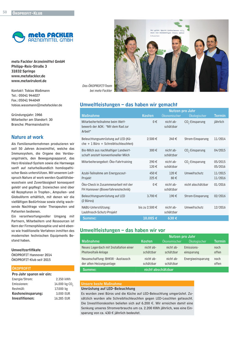 Umweltleistungen 2014-2016 der meta Fackler Arzneimittel GmbH