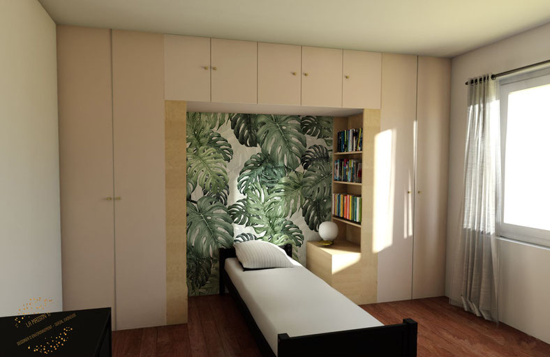 quimper architecture intérieur décoration renovation chambre rangement sur mesure placard bibliothèque chêne papier peint jungle