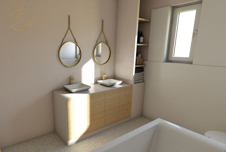 quimper architecture intérieur décoration renovation salle de bain rose et bois double vasque laiton doré terrazo 