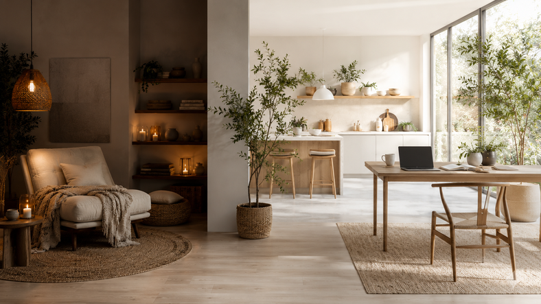 Intérieur de maison partagé entre une ambiance calme Yin et un espace lumineux Yang, illustrant l’équilibre des énergies dans l’habitat