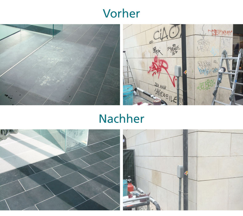 Vorher-Nachher Reinigung von Böden und Fassaden