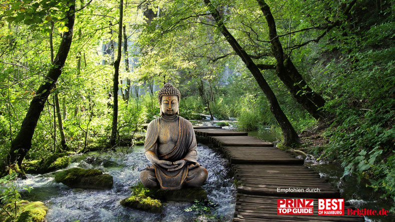 Buddha sitzt in fließendem Wasser umgeben von Laubbäumen. Neben ihm führen breite Holzstufen den Weg hinauf.