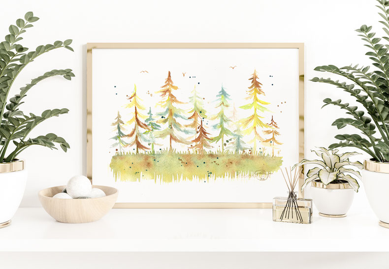 Licht, Wald, forest, trees, Bäume, lichtvoll, light, Aquarell, watercolour, watercolor, illustration, nature conservation, nature, Original, Kunst, Gemälde