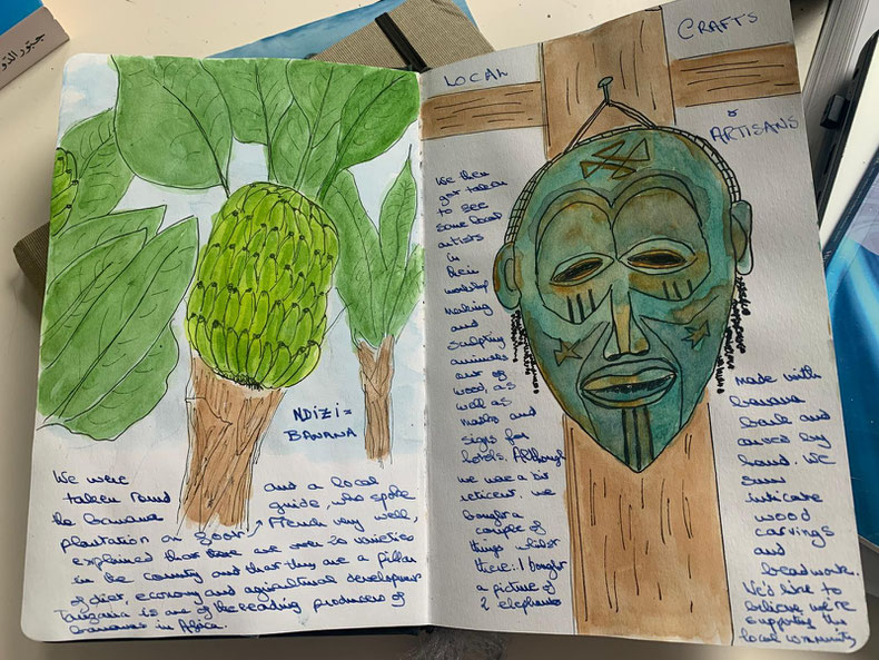 illustration d'un banan . À côté, il y a un texte manuscrit et une peinture d'un masque africain traditionnel de Tanzanie. Le texte décrit une visite à un atelier d'artisans locaux qui fabriquent des masques indigénes