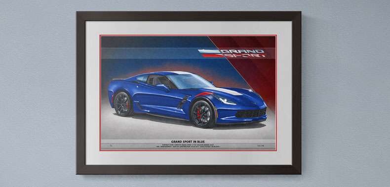 Drawn portrait of a Corvette Grand Sport C7 coupe in admiral blue