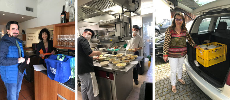 Günstige Mahlzeiten vom Team des Restaurant Hirschen (links im Bild Stefan und Karin Erni), geliefert für Risikogruppen von Martina Gradmann (rechts im Bild), Alain Schranz, Barbara Sutter und Yvette Jucker (ohne Bilder)