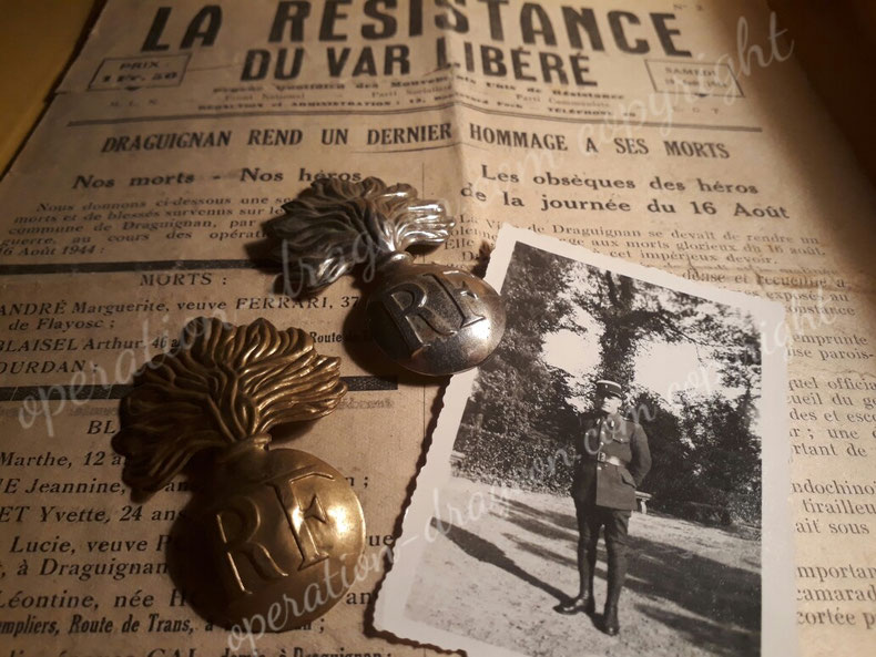 Souvenirs et photo du gendarme SHEERS, journal de la libération de Draguignan rendant hommage aux martyrs. collection privée.
