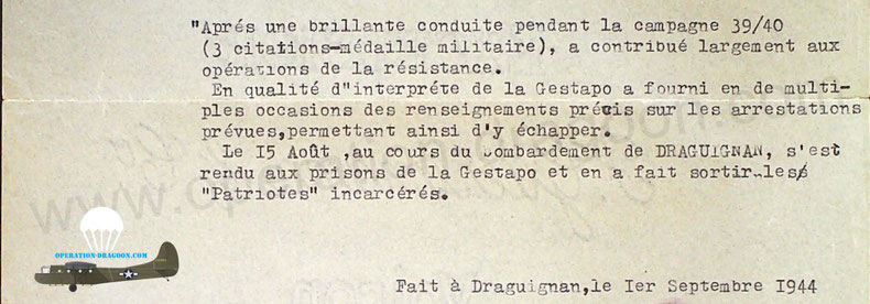 Document établit par le capitaine Denis FONTES, commandant les forces françaises libres du secteur de Draguignan.