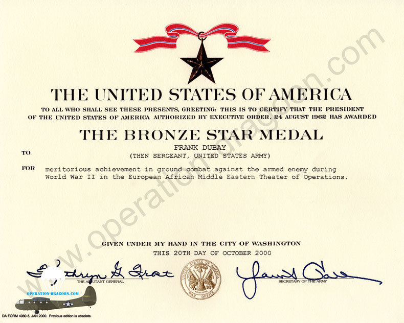 Sergent DUBAY bronze star award