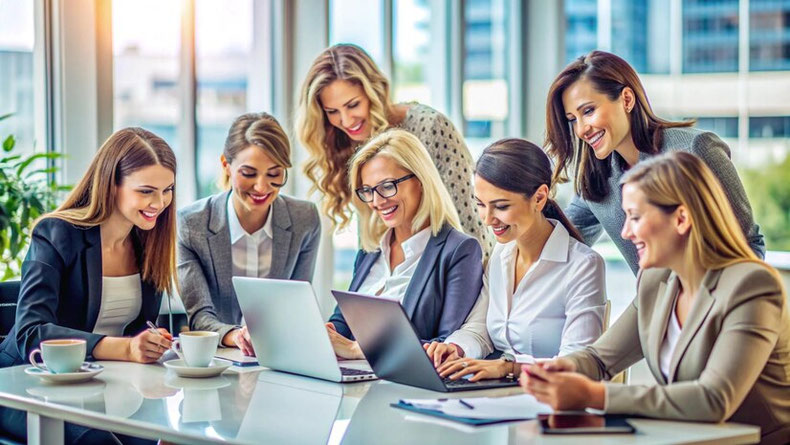 es sind 7 Frauen im Bild. 5 sitzen, 2 stehen - alle sehen freudestrahlend in 2 nebeneinander stehende Laptops