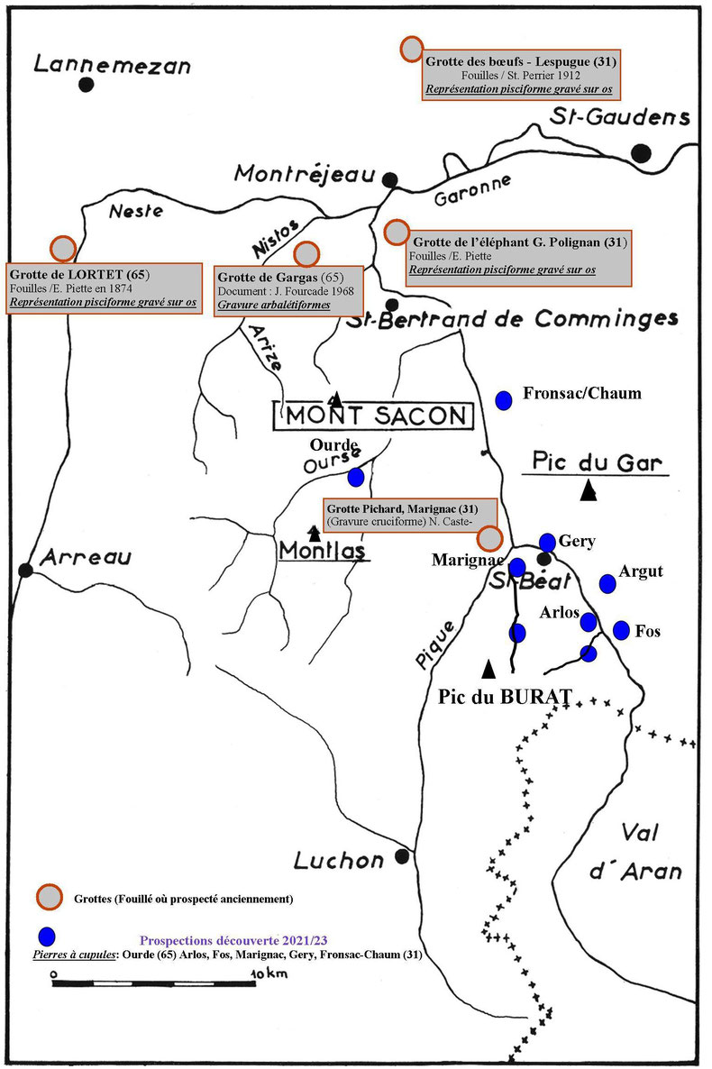 Dessin G. Fouet et Soutou 1963 - Situation des grottes et sites de blocs de granit avec des cupules R. Cessin-Bélières - 2023