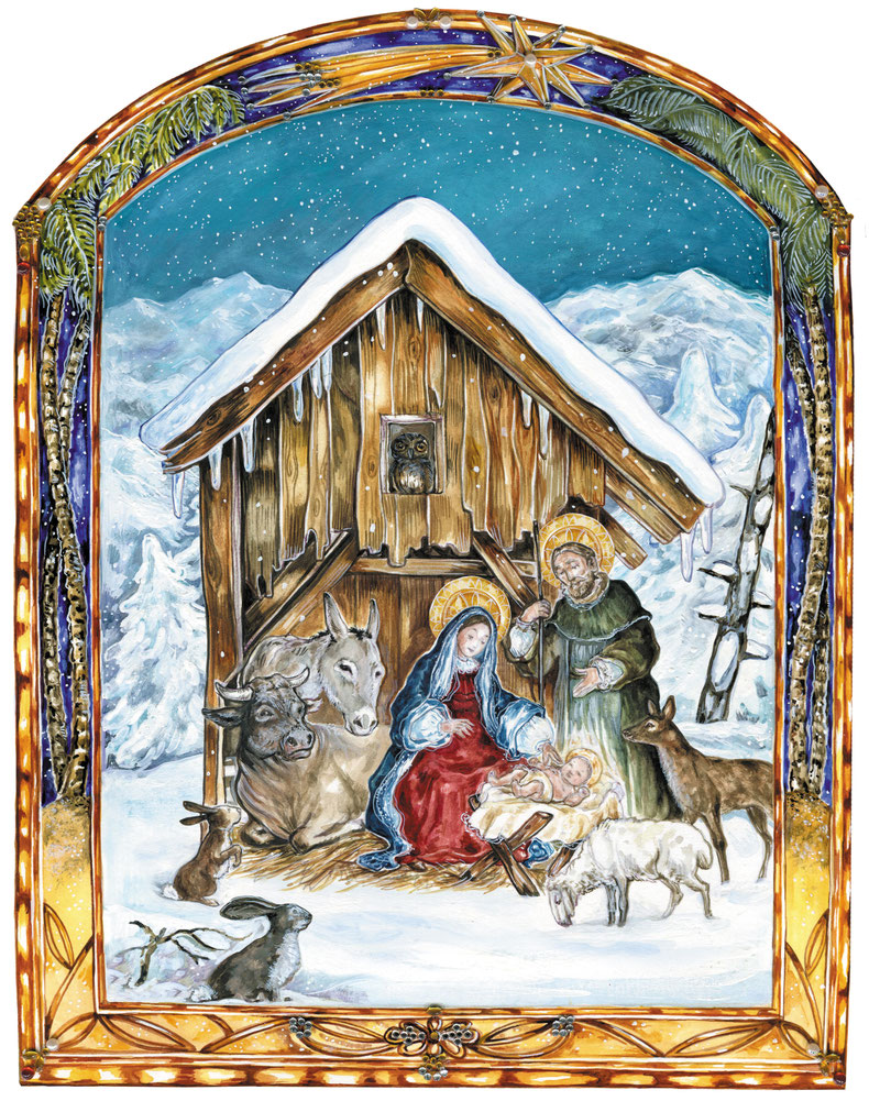 Krippe im Schnee Illustration Caroline Ronnefeldt aus "Hausbuch für den Advent" ars Edition, 2014.
