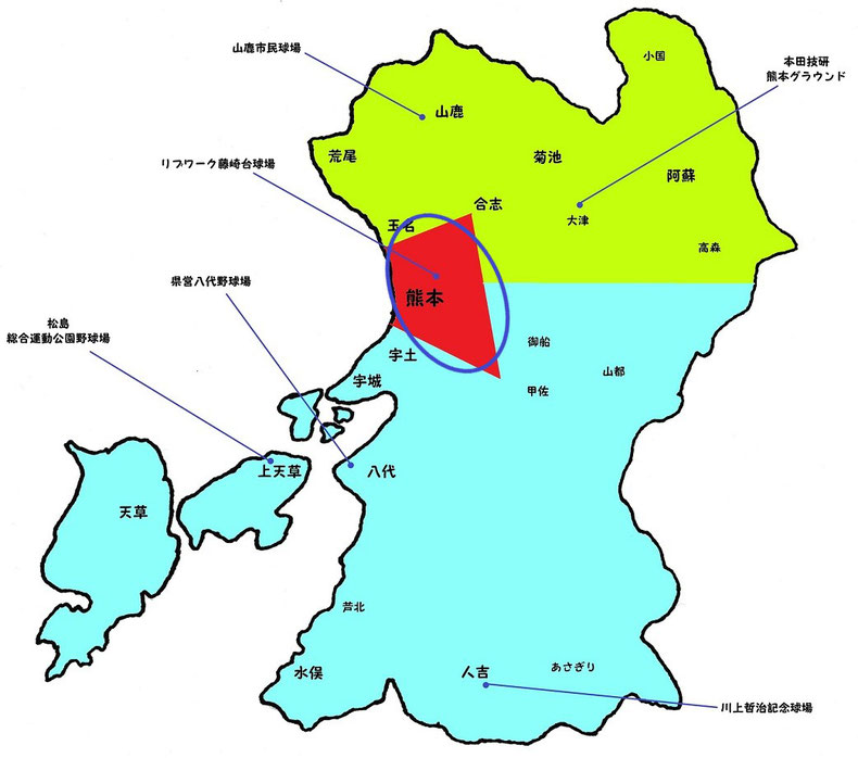 熊本県熊本市内地区高校野球地図