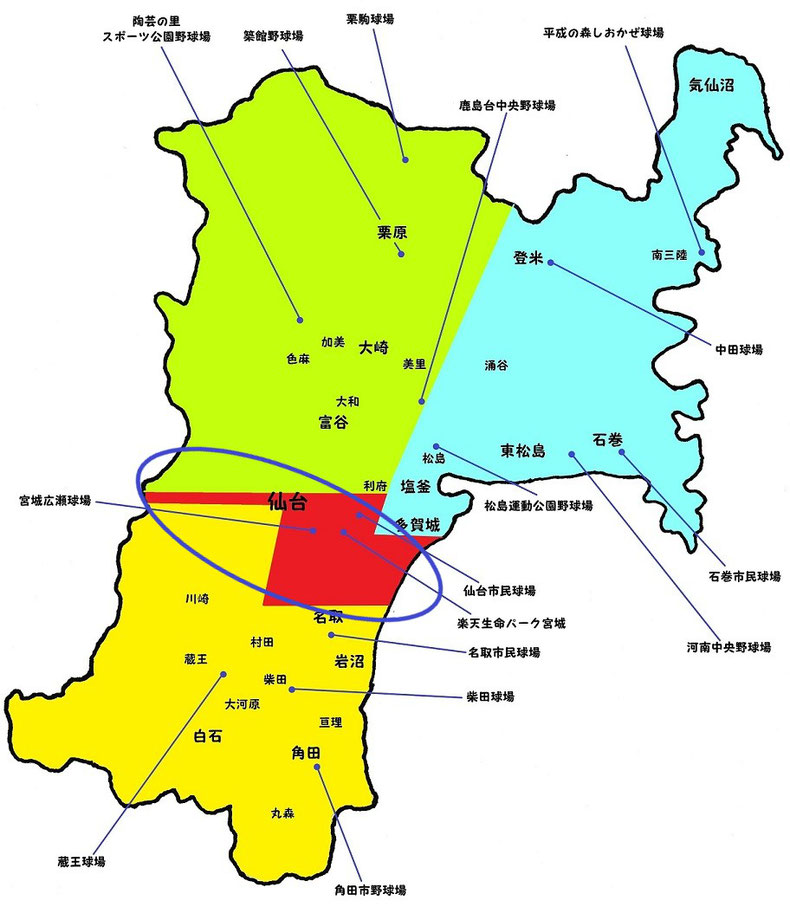 宮城県中部地区高校野球地図