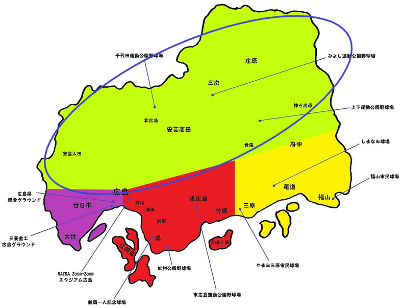 広島県北部地区高校野球地図