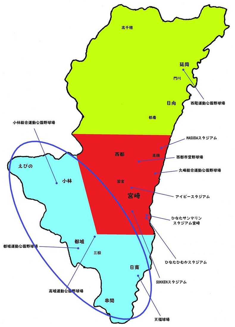 宮崎県県南地区高校野球地図