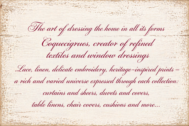 Coquecigrues poster showcasing curtains, linen home textiles, lace and refined heritage-inspired fabrics