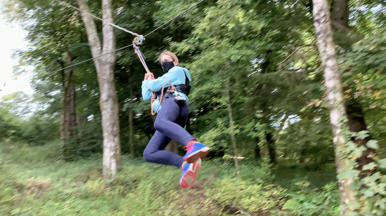 Coming into land. The end of my final zipline on the treetop course at Loch Lomond.