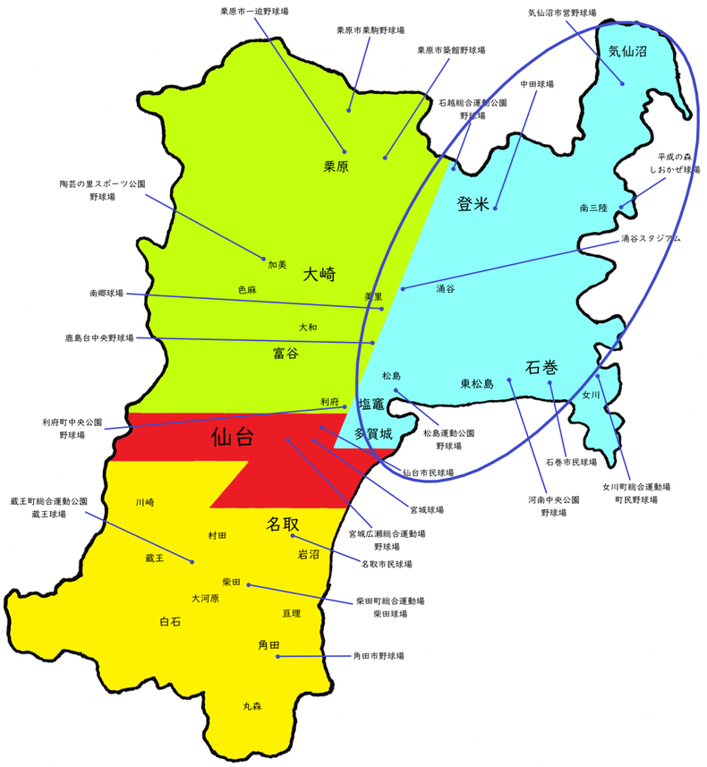 宮城県東部地区高校野球地図