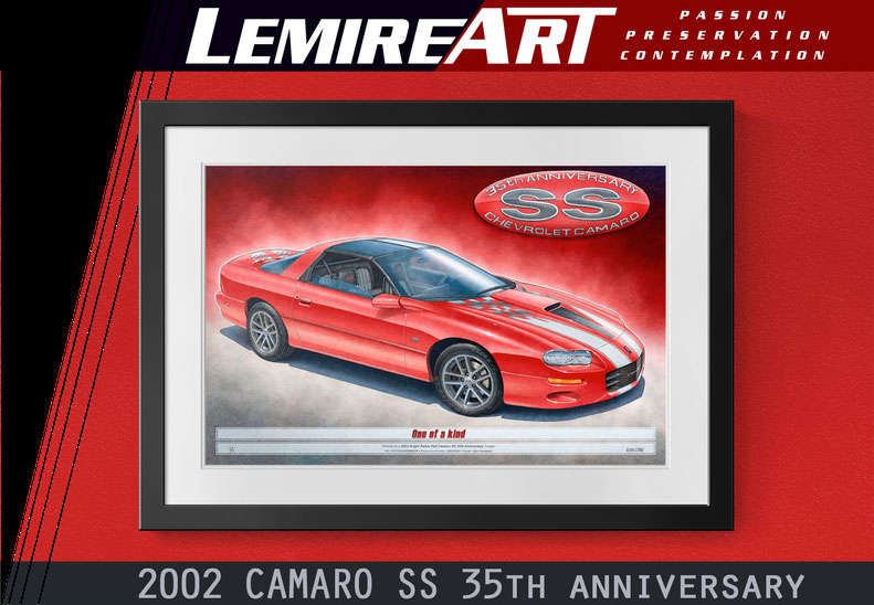 The 2002 Camaro SS 35th Anniversary drawn portrait by Alain Lemire