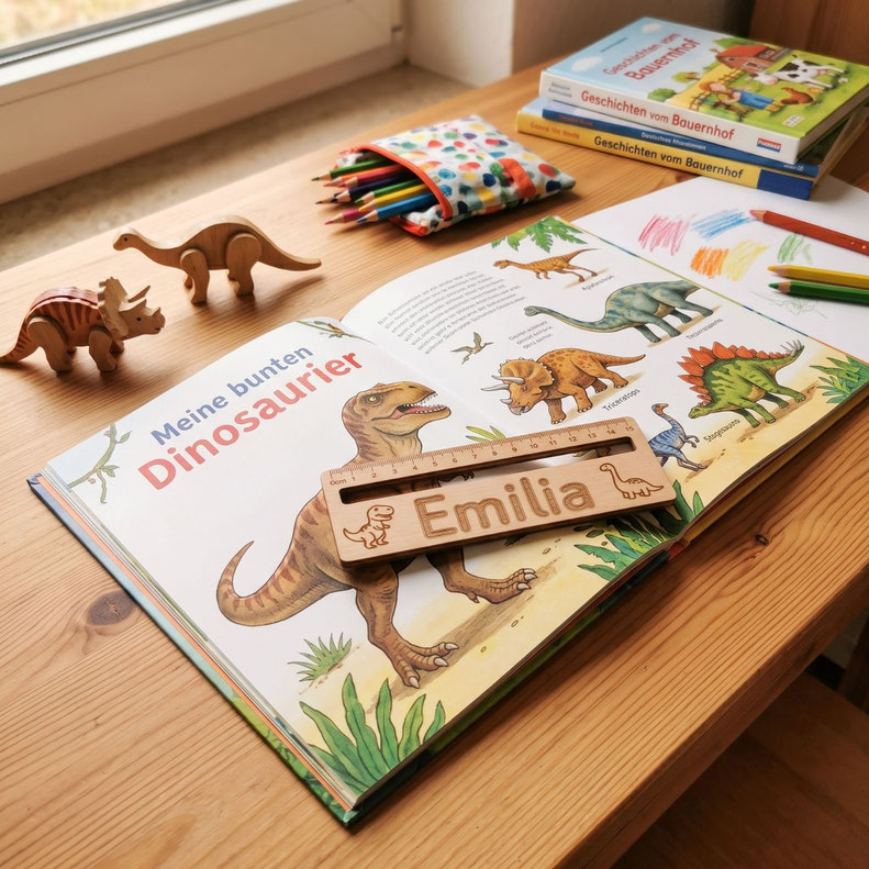 Personalisiertes Leselineal aus Holz mit eingraviertem Namen Emilia und Dinosaurier-Motiv, platziert auf einem aufgeschlagenen Kinderbuch über Saurier