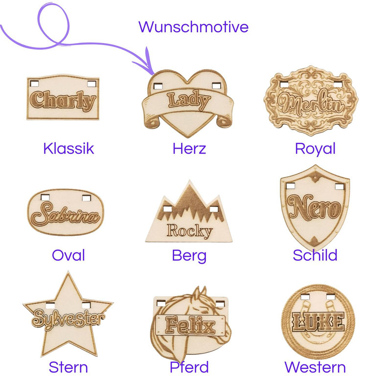 Übersicht aller verfügbaren Formen für personalisierte Pferdeboxenschilder aus Holz.