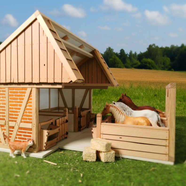 Pferderemise mit Pferdeboxen aus Holz – passend für Schleich® Pferde