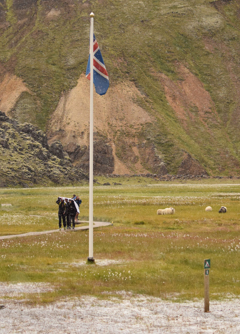 hail storm at Landmannalaugar camping hot pool