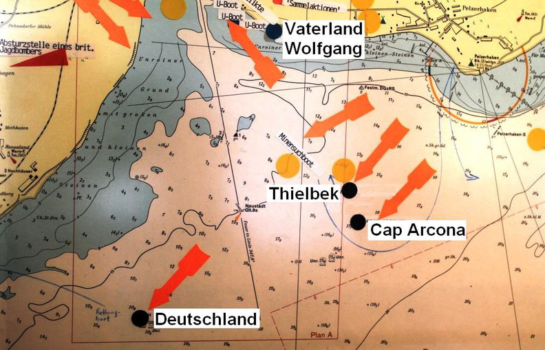 Ostsee vor Neustadt,  1945: Liegeplätze der von Jagdbombern versenkten Schiffe "Cap Arcona", "Thielbeck"  und "Deutschland"