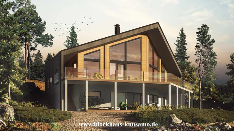 Freigeplantes Massivholzhaus mit schwindungsfreier Lamellenbalken für die Hanglage