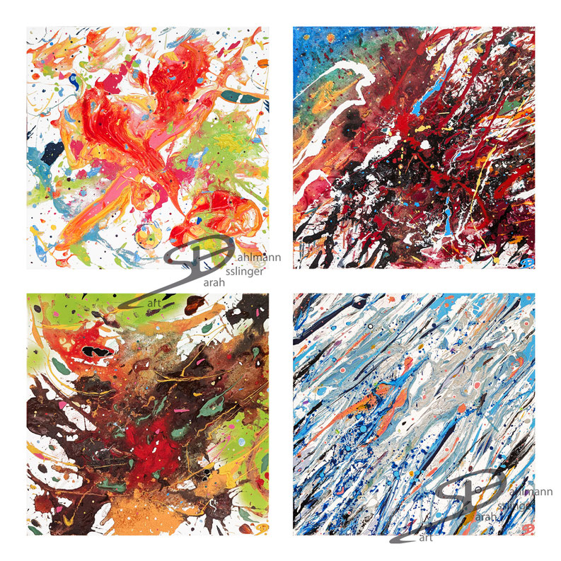 Nach den Musikstücken von Vivaldis vier Jahreszeiten: Frühling, Sommer, Herbst, Winter, je 40 x 40 cm, Leinwand
