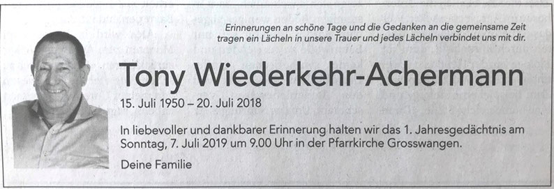 Tony Wiederkehr Jahresgedächtnis