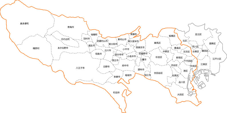 纏造園が対応できる東京都の地域の地図