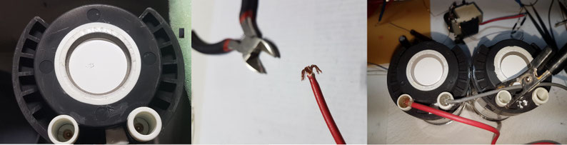 Bild 6: Anschluss der Röhren mit HV Kabel. Hier wird die Litze wie auf dem Bild zusehen ist einfach wie ein Schirm gebogen und in die Buchsen eingeführt. Durch die Ferderwirkung drückt es die Litze automatisch an die Kontaktflächen der Röhre. Im Anschluss wird mit Epoxidharz wieder die gesamte Buchse ausgefüllt. Darauf achten das, dass Anodenkabel bis min. 30KV abgeschirmt ist, ich verwende hier Anodenkabel aus einem alten Fernseher. Das Kabel für die Fukussierspannung ist bei mir ein gegen Masse geschirmtes Kabel mit einer Spannugsfestigkeit bis 400V das ist gerade noch so ausreichend. Die Kathode ist am unteren Rand der Röhre dort wo die Linse ist. Die Kathode ist umlaufend um die Röhre und wurde nur aufgedampft! Das heißt darunter ist der Glaskolben! Nur leichte und kurze Lötverbindungen herstellen damit keine Mechanische Belastung auf der Röhre liegt.