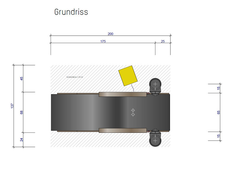 Planskizze Grundriss , Platzbedarf für eine Klangliege 200 x 137 cm Modell om2