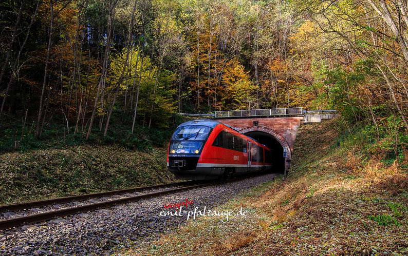 Bahn Triebwagen kommt aus dem Rodalber Tunnel