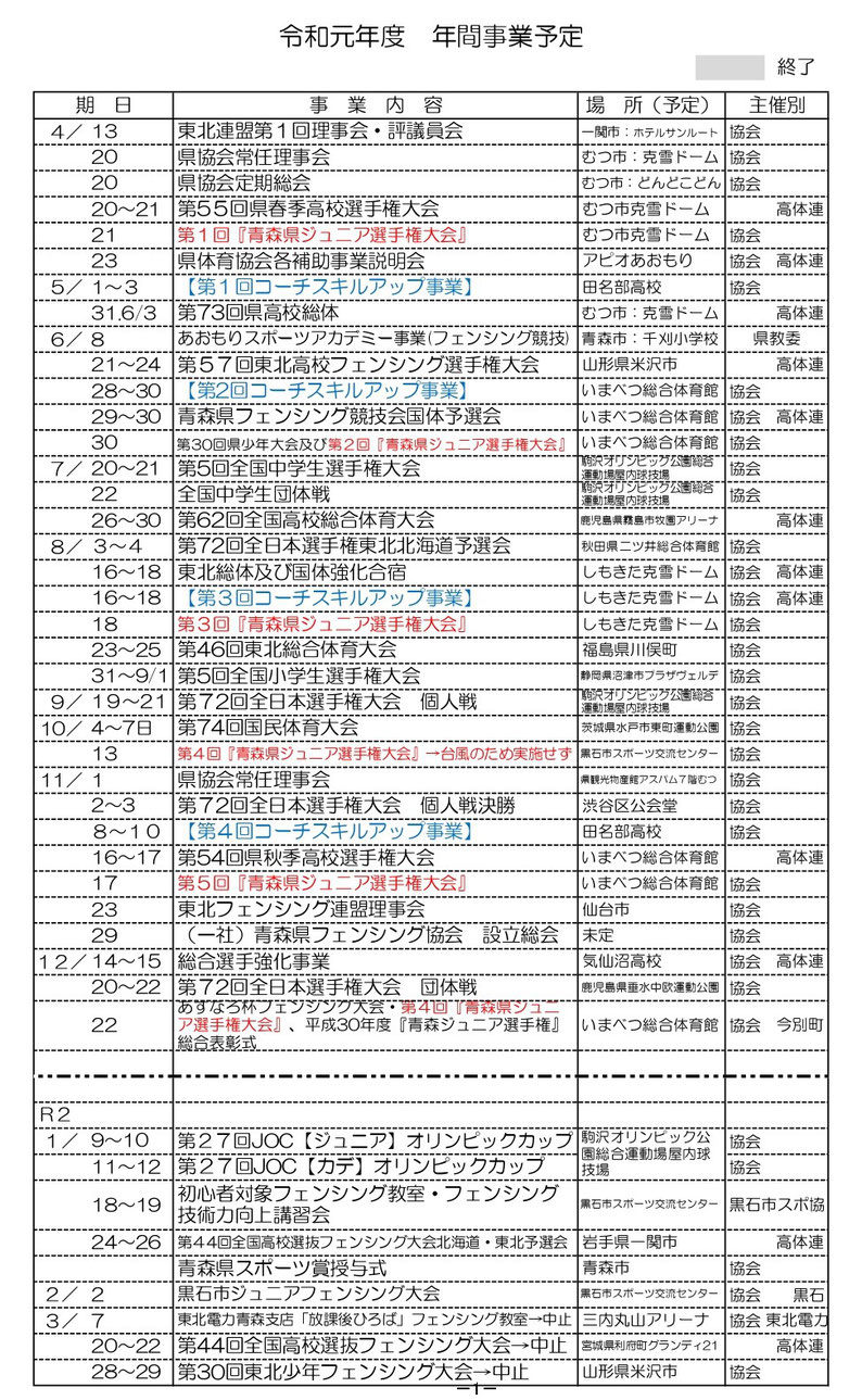 青森県フェンシング協会年間事業計画