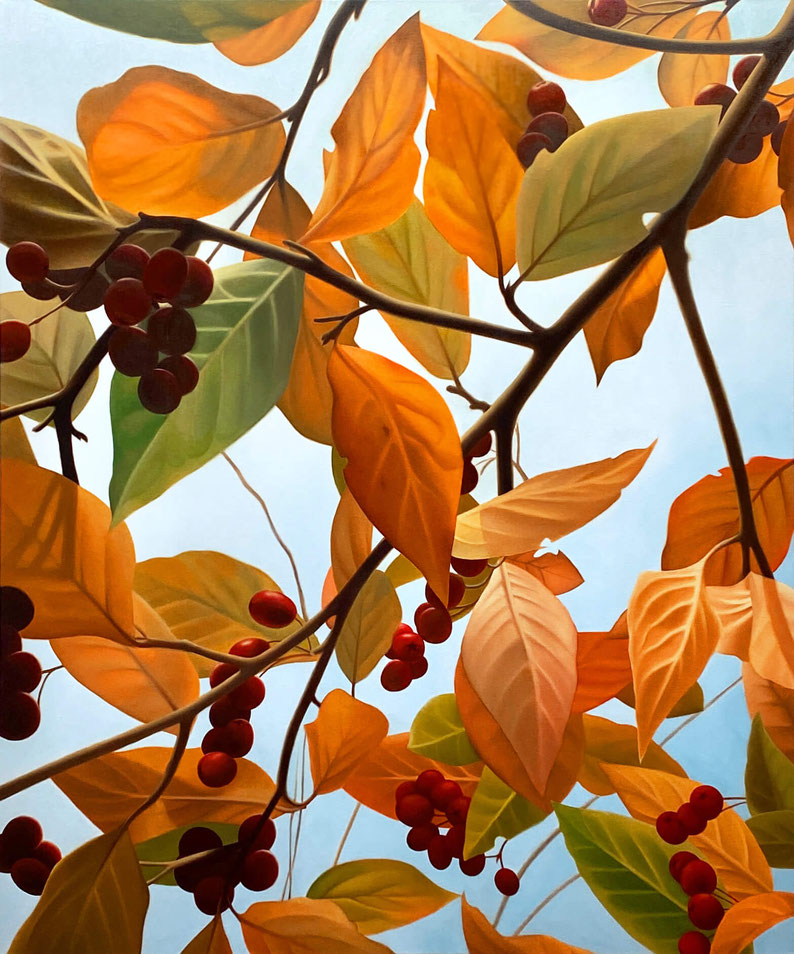 Gemalte Blätter und Beeren von einem Amselbrotbaum im Herbst