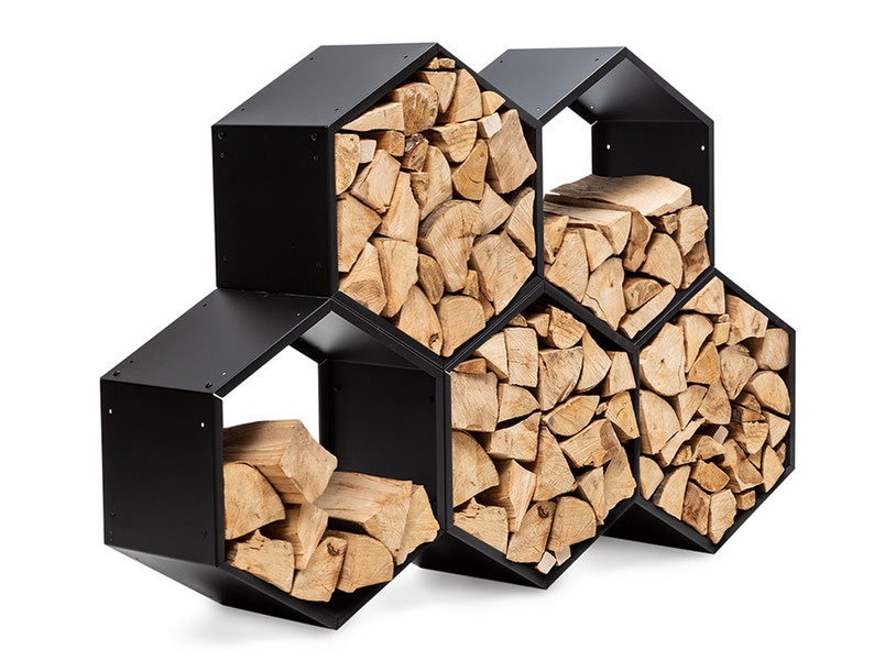 hexagonal modules for firewood storage, Wabenförmige Regalmodule für Brennholz