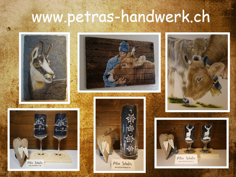 Auftragsmalerei / Holzuhren bemalen / Milchkanne bemalen / Holzwandbild bemalen / Glasgravuren / www.petras-handwerk.ch