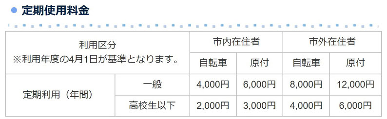白井市の駐輪場の定期使用料金