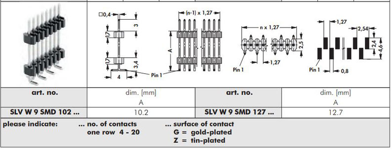 SLV W 9 SMD | 1.27mmピッチ | 表面実装用ピンヘッダ | 段重ね用 | Fischer Elektronik